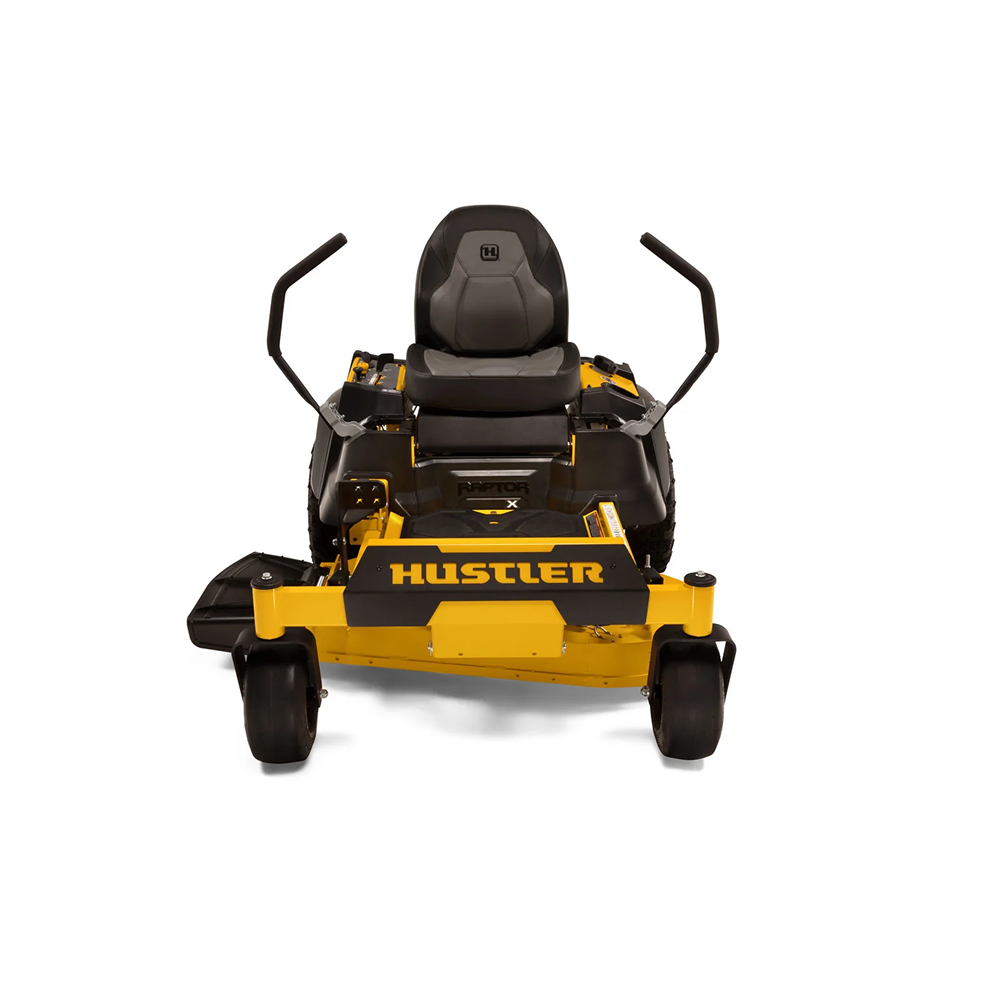Casavibeo Hustler Raptor X zero turn mower with 42-inch deck, Kawasaki FR600 18HP engine, shown in a group setting
