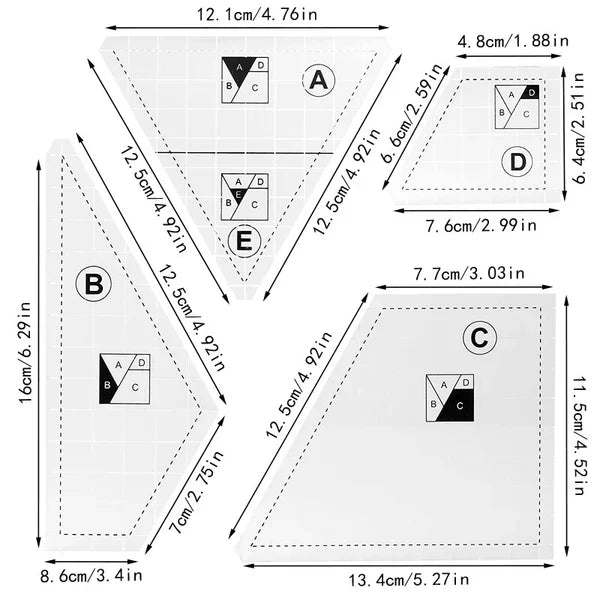 Set of four Belro creative quilting cutting templates for clothing, designed for precise fabric cutting and pattern making.