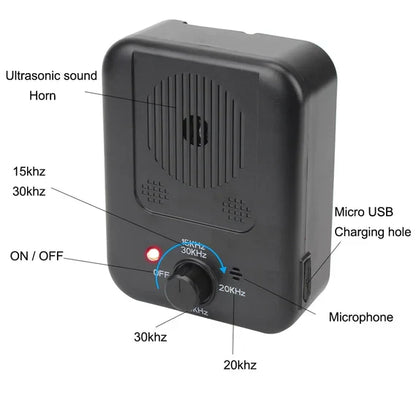 Belro dog anti-barking device for pet training, small handheld electronic device with control buttons for quieting excessive barking.