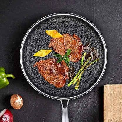 Belro non-stick stainless steel frying pan for cooking, with a shiny surface and ergonomic handle, ideal for home kitchen use.