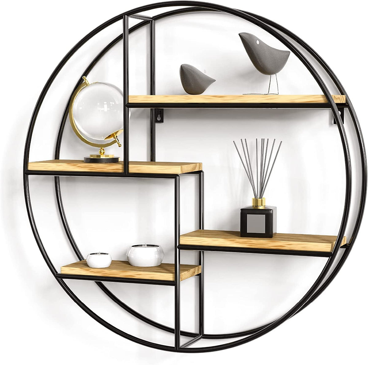 Industrial Belro round wall shelf used as clothing storage, featuring a metal frame and wooden surface for stylish organization.