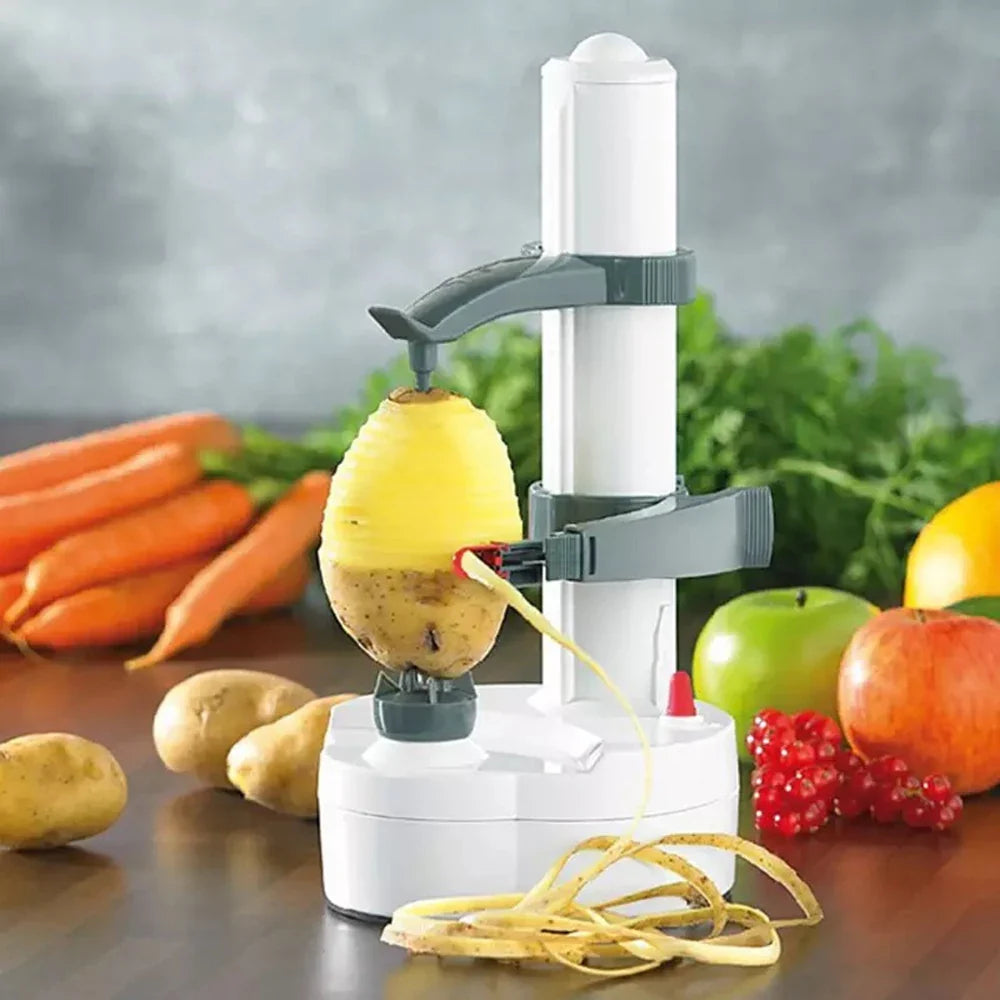 Belro automatic electric potato peeler on kitchen countertop with peeled potatoes ready for cooking.