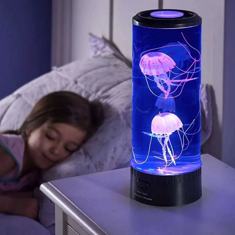 Belro LED jellyfish aquarium table night light showcasing glowing, animated jellyfish in a clear, modern home decor piece.