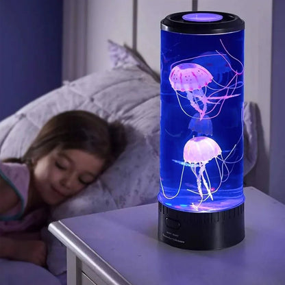 Belro LED jellyfish aquarium table night light showcasing glowing, animated jellyfish in a clear, modern home decor piece.