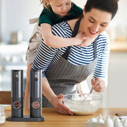 Belro electric salt and pepper mill with rechargeable battery, sleek design for kitchen and dining use.
