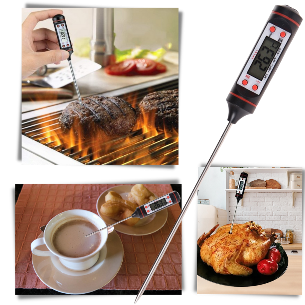 Belro digital food thermometer resting on a soft, cozy robe, showcasing its sleek design and digital display for precise temperature reading.