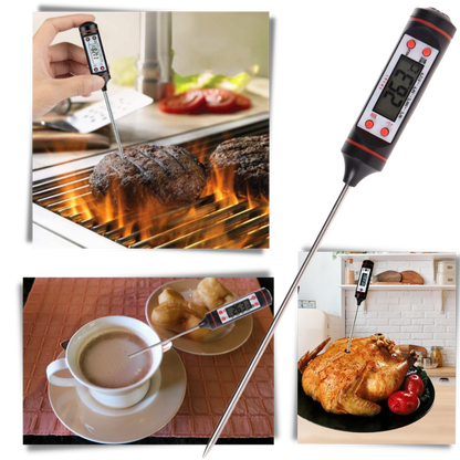 Belro digital food thermometer resting on a soft, cozy robe, showcasing its sleek design and digital display for precise temperature reading.