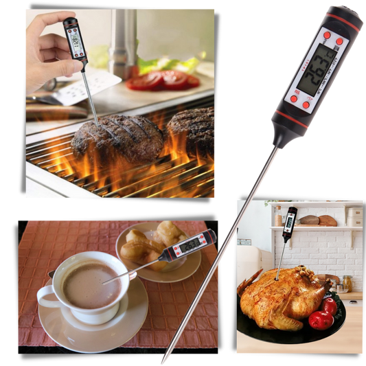 Belro digital food thermometer resting on a soft, cozy robe, showcasing its sleek design and digital display for precise temperature reading.