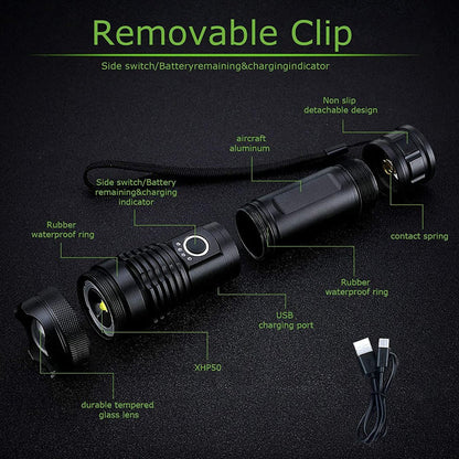 Belro waterproof military laser pocket lamp with compact design, black body, and adjustable focus, suitable for outdoor and tactical use.