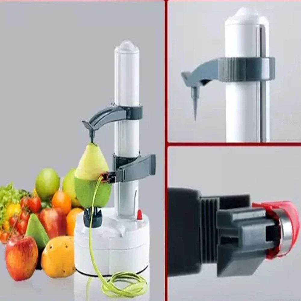 Belro automatic electric potato peeler on kitchen countertop, showcasing its compact design and peeling mechanism.