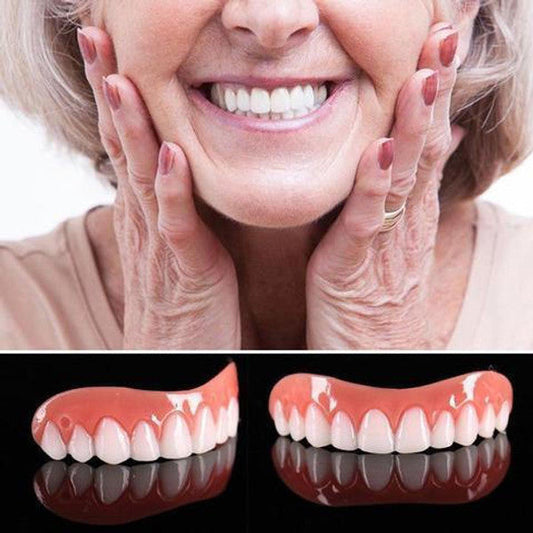 Belro artificial teeth cover for a perfect smile, dental oral care accessory, close-up of white tooth cover on a model