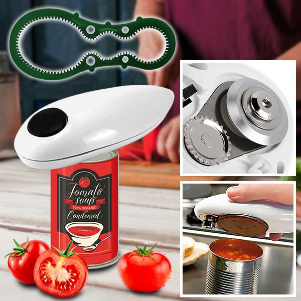 Belro electric can opener and bottle opener on a kitchen countertop, showcasing its sleek design and functionality.