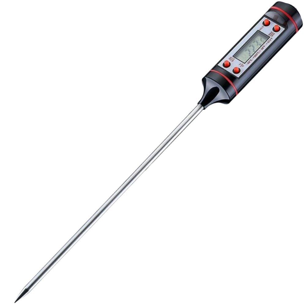 Digital food thermometer from Belro resting on a soft robe, showcasing its sleek design and digital display, ideal for kitchen use.