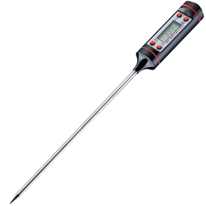 Digital food thermometer from Belro resting on a soft robe, showcasing its sleek design and digital display, ideal for kitchen use.