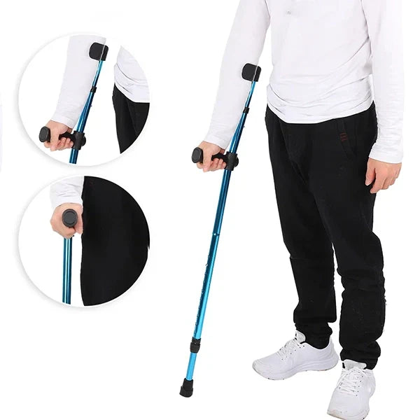 Belro foldable, adjustable crutch with padded handle and lightweight aluminum frame for mobility support and easy storage.