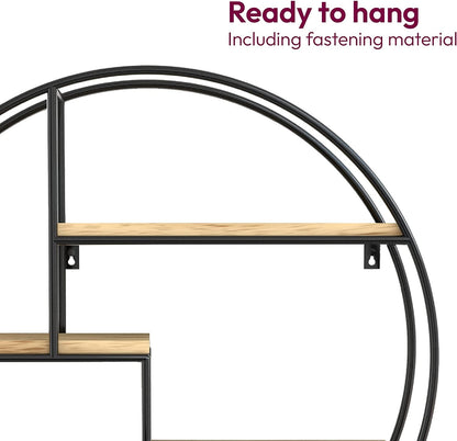 Industrial round wall shelf by Belro for clothing storage, featuring a sturdy metal frame and circular design on a plain wall.
