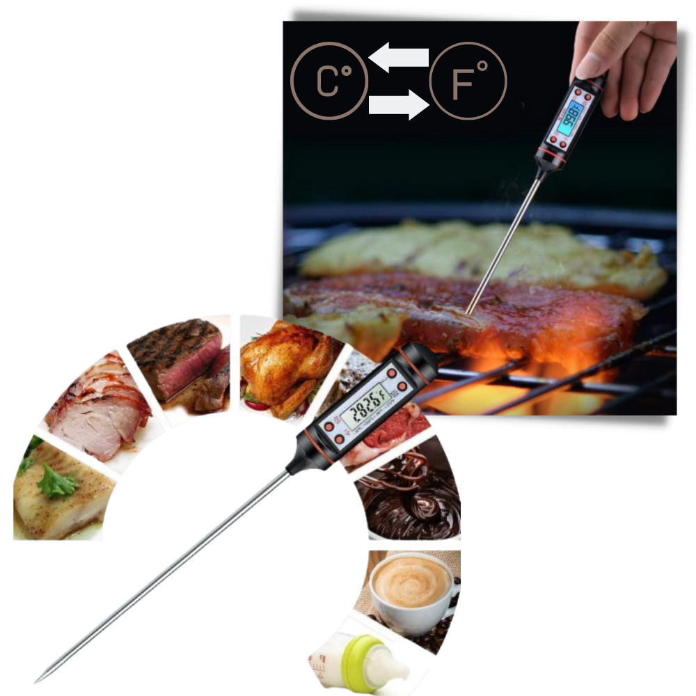 Belro digital food thermometer placed on a cozy robe, showing a clear digital temperature display for accurate reading.