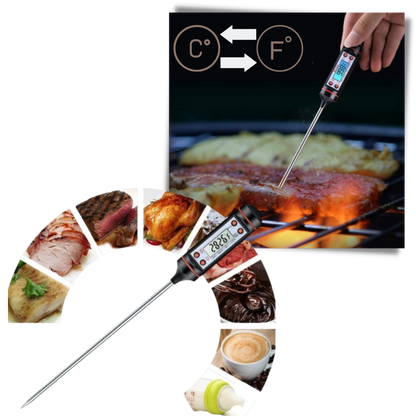 Belro digital food thermometer placed on a cozy robe, showing a clear digital temperature display for accurate reading.