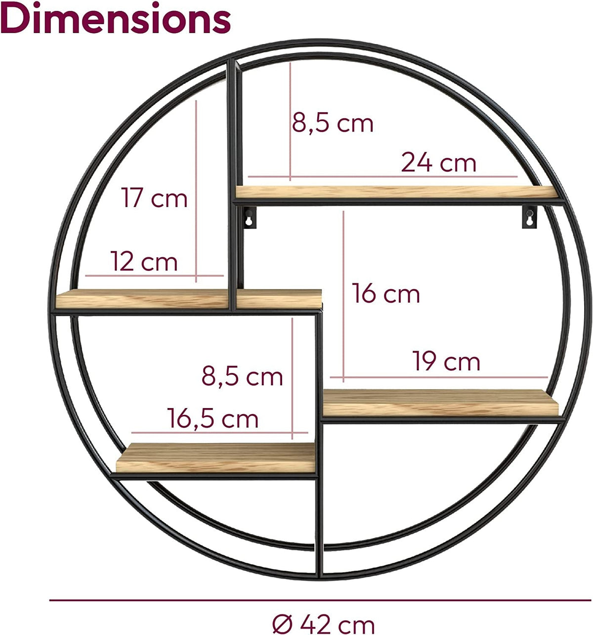 Industrial Belro round wall shelf used as clothing storage, featuring a metal frame and wooden surface with a modern, industrial design.