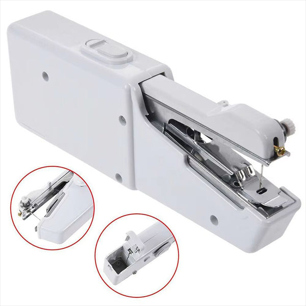Portable Belro sewing machine for men's clothing, compact design with threading and fabric in a close-up view.