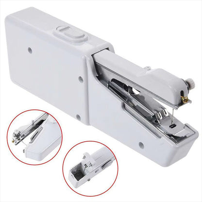 Portable Belro sewing machine for men's clothing, compact design with threading and fabric in a close-up view.