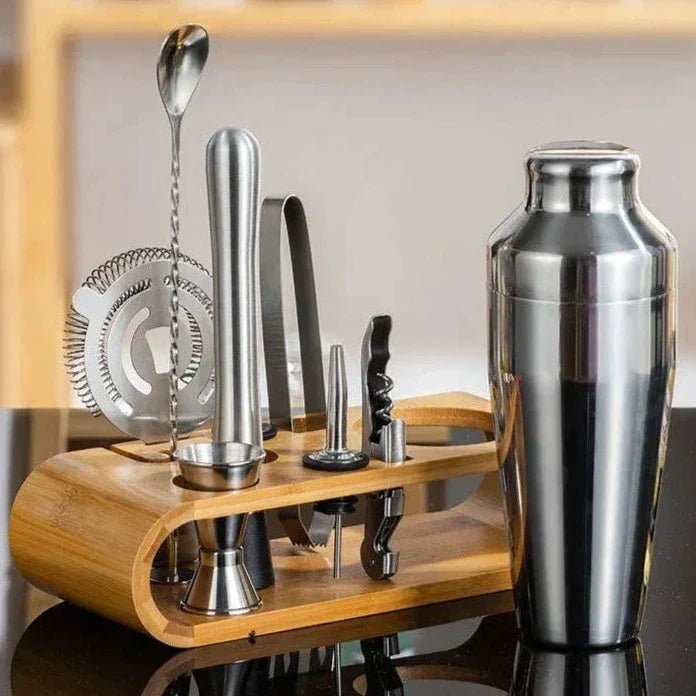 Belro luxury 10-piece cocktail set for home bartending, featuring shaker, strainer, and accessories in elegant design.