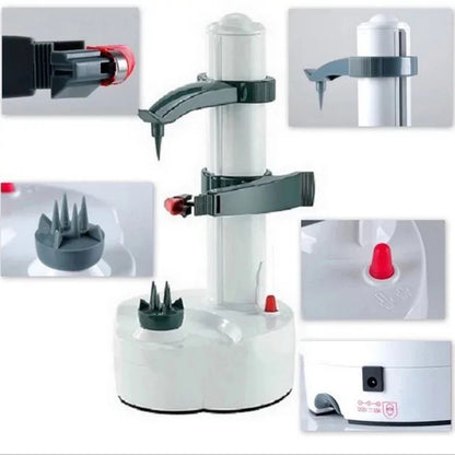 Belro automatic electric potato peeler on kitchen countertop, showing stainless steel peeling drum and control panel.