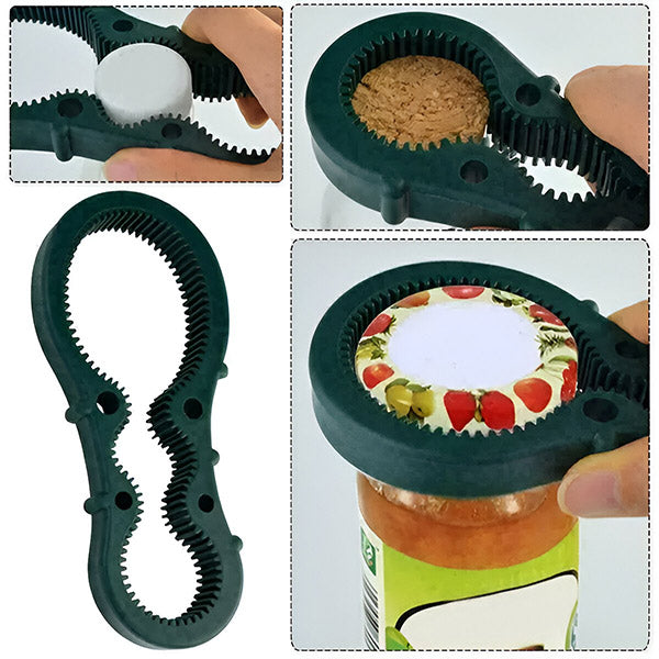 Belro electric can opener and bottle opener on a kitchen countertop, showing its sleek design and functional handheld tool.