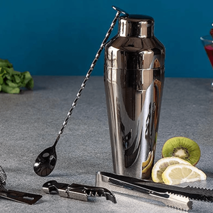 Belro luxury 10-piece cocktail set with shaker, stirrers, and glasses for elegant home bartending in a stylish kitchen.
