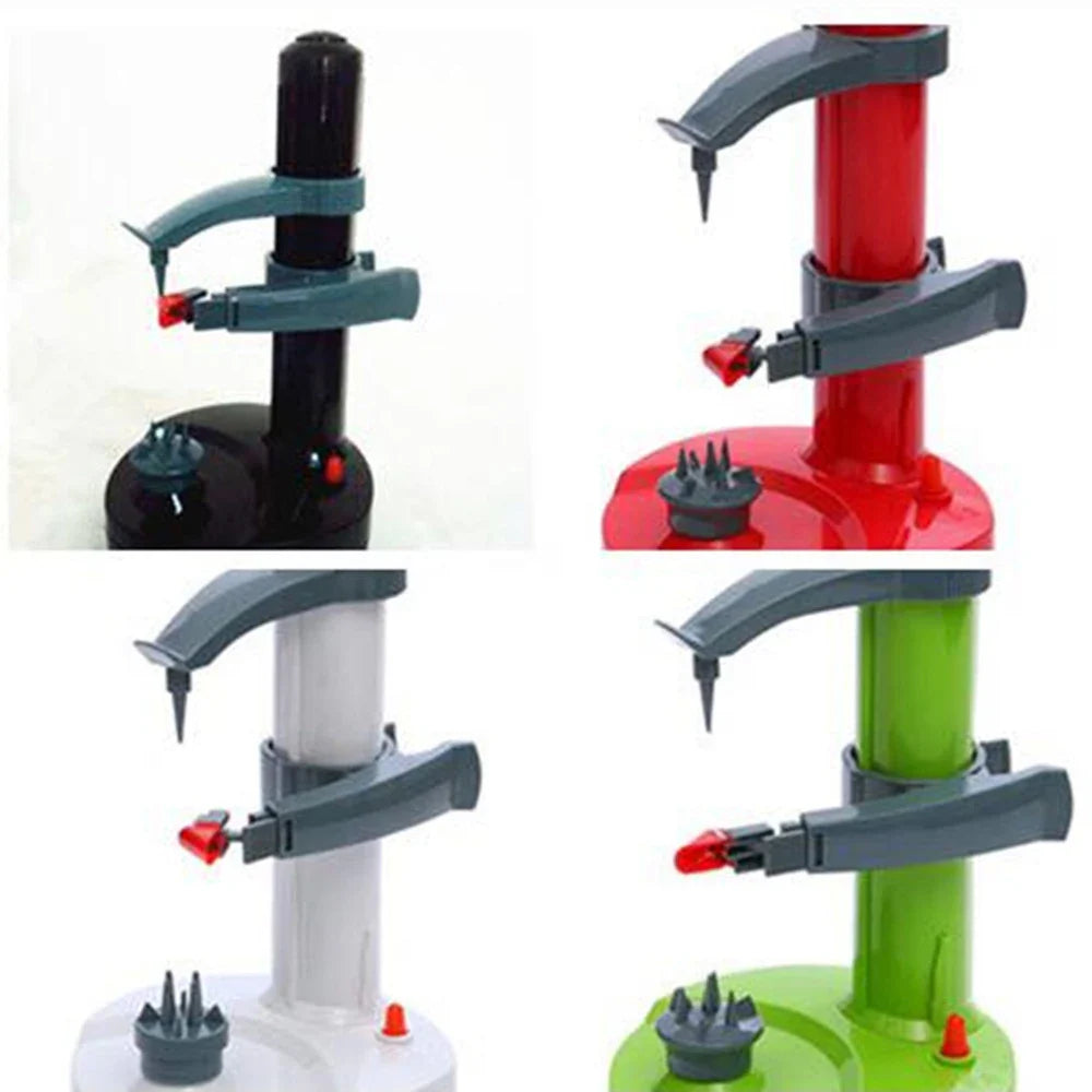 Belro automatic electric potato peeler on kitchen countertop, showcasing its compact design and peeling mechanism.