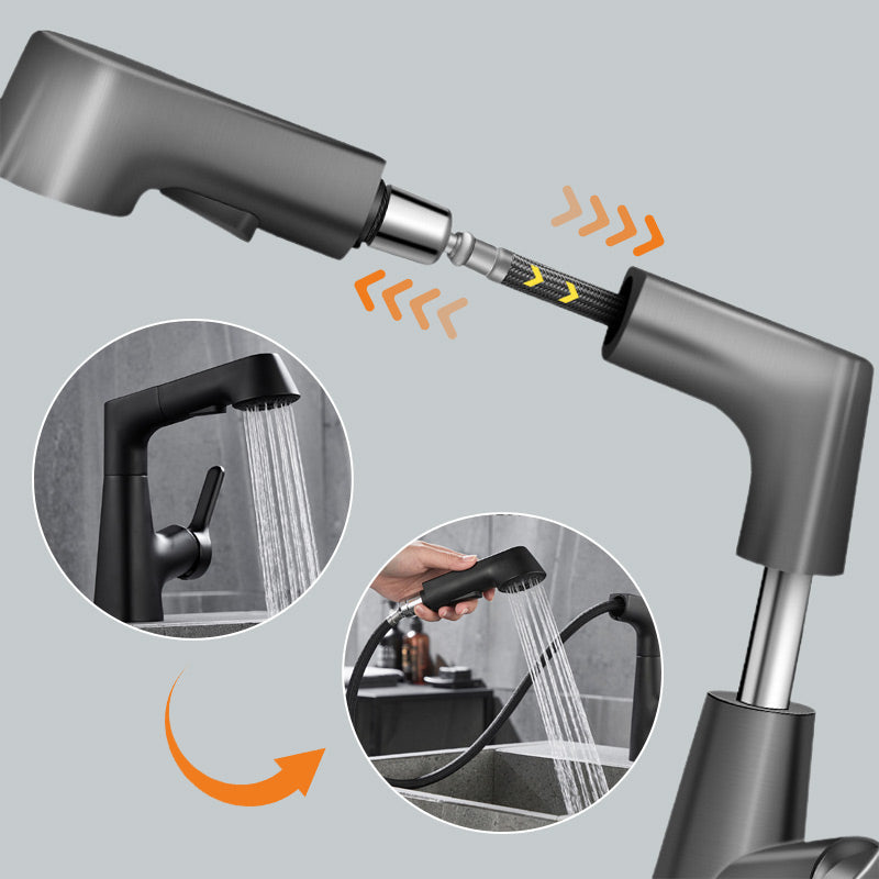 Belro single-hole basin tap with pull-out spray head, modern bathroom fixture with sleek chrome finish and ergonomic handle.