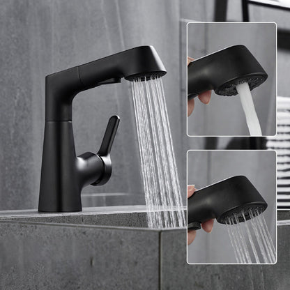 Belro single-hole basin tap with pull-out spray head, chrome finish, installed on a bathroom sink for easy water access.