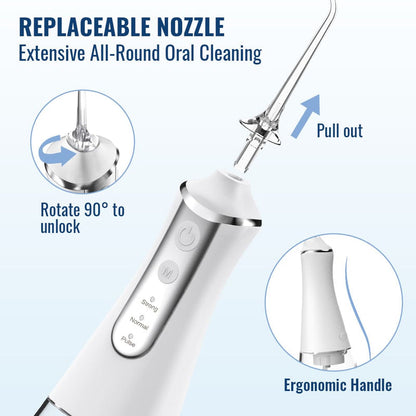 Belro Dental Jet Hydropulseur showing water stream for oral cleaning and dental care in a bathroom setting