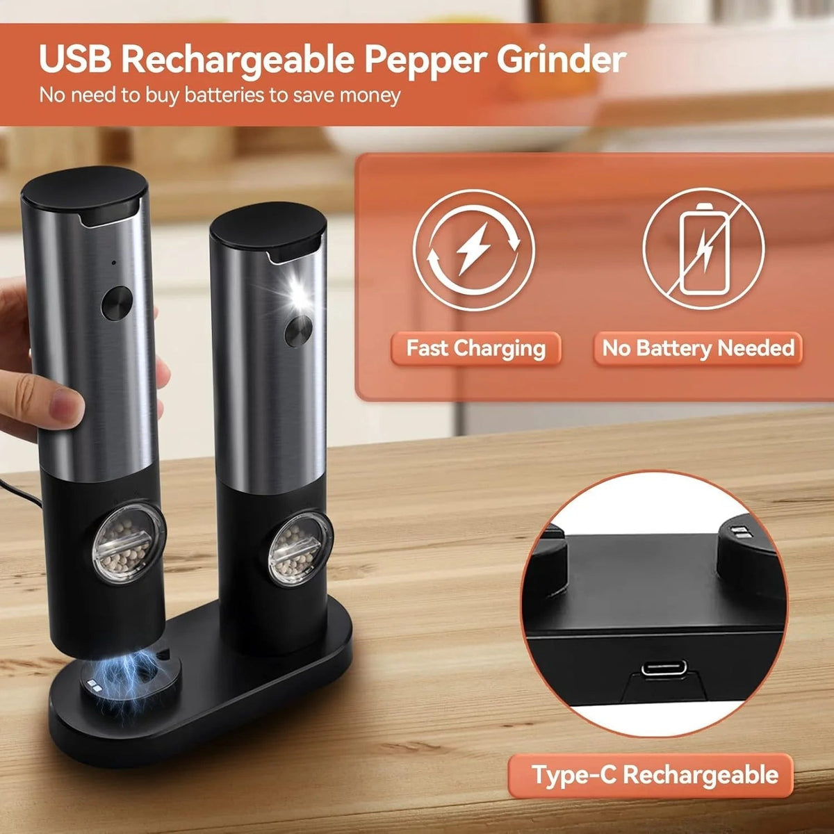 Belro electric salt and pepper mill with rechargeable battery, sleek design for kitchen and dining use.