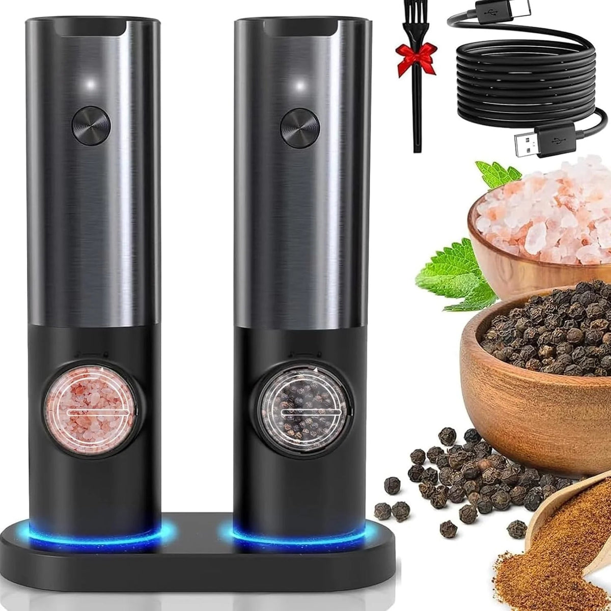 Belro electric salt and pepper mill with rechargeable battery, sleek design, and adjustable grind settings for kitchen use.
