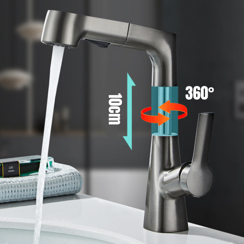 Belro single-hole basin tap with pull-out spray head, chrome finish, stainless steel design, suitable for bathroom sinks.