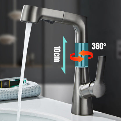 Belro single-hole basin tap with pull-out spray head, chrome finish, stainless steel design, suitable for bathroom sinks.
