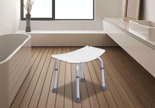 Foldable Belro shower stool with non-slip surface and adjustable legs, designed for safe, comfortable seating in the bathroom.
