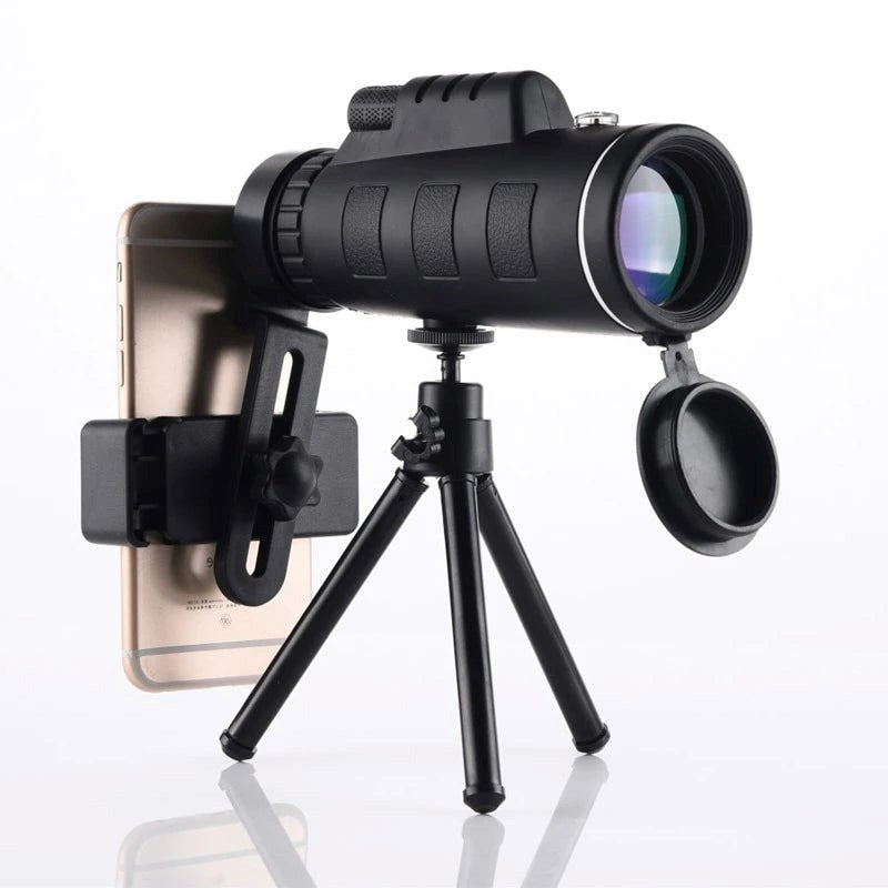 Belro Starscope HD Monocular with smartphone holder and tripod, waterproof high-power telescope for outdoor viewing.