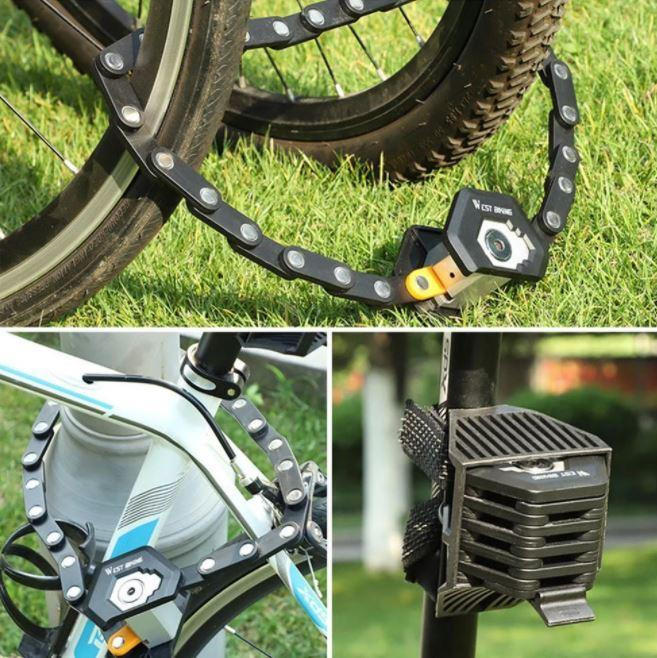 Belro foldable bike lock, portable and secure, shown in a folded position suitable for outdoor bike security.