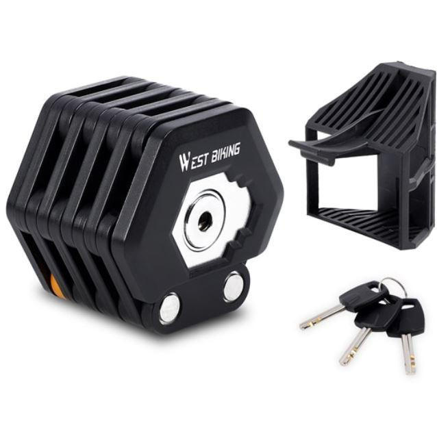 Belro foldable bike lock, compact and secure, shown in a folded position for outdoor bicycle security.