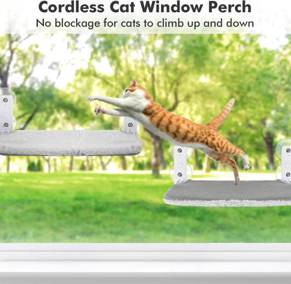 Belro cat hammock window perch hanging from a window, providing a cozy spot for cats to rest and enjoy the view.