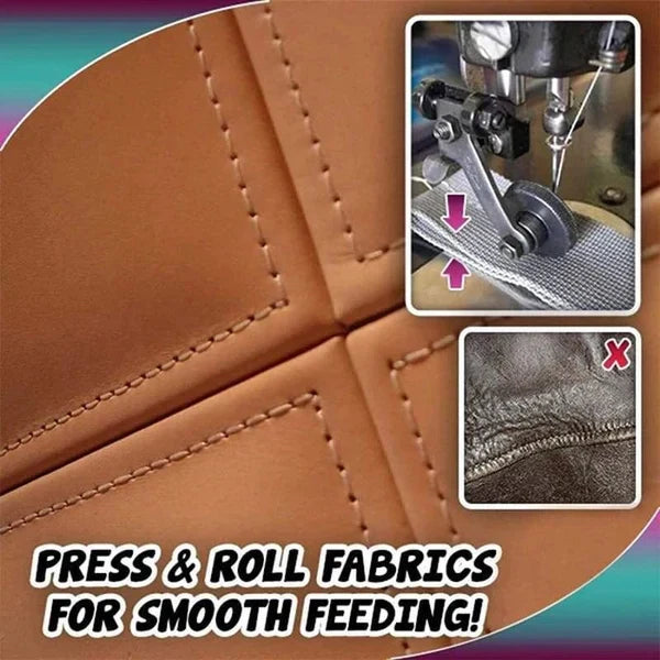 Belro leather roller presser foot for men's clothing, showing a close-up of the tool used for sewing or fabric pressing.
