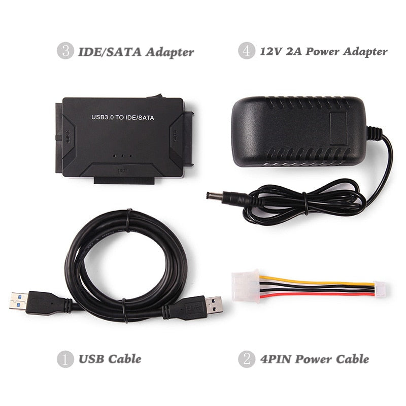 Belro USB 3.0 to IDE/SATA hard drive adapter connected to a computer, showing port connections and compact design.