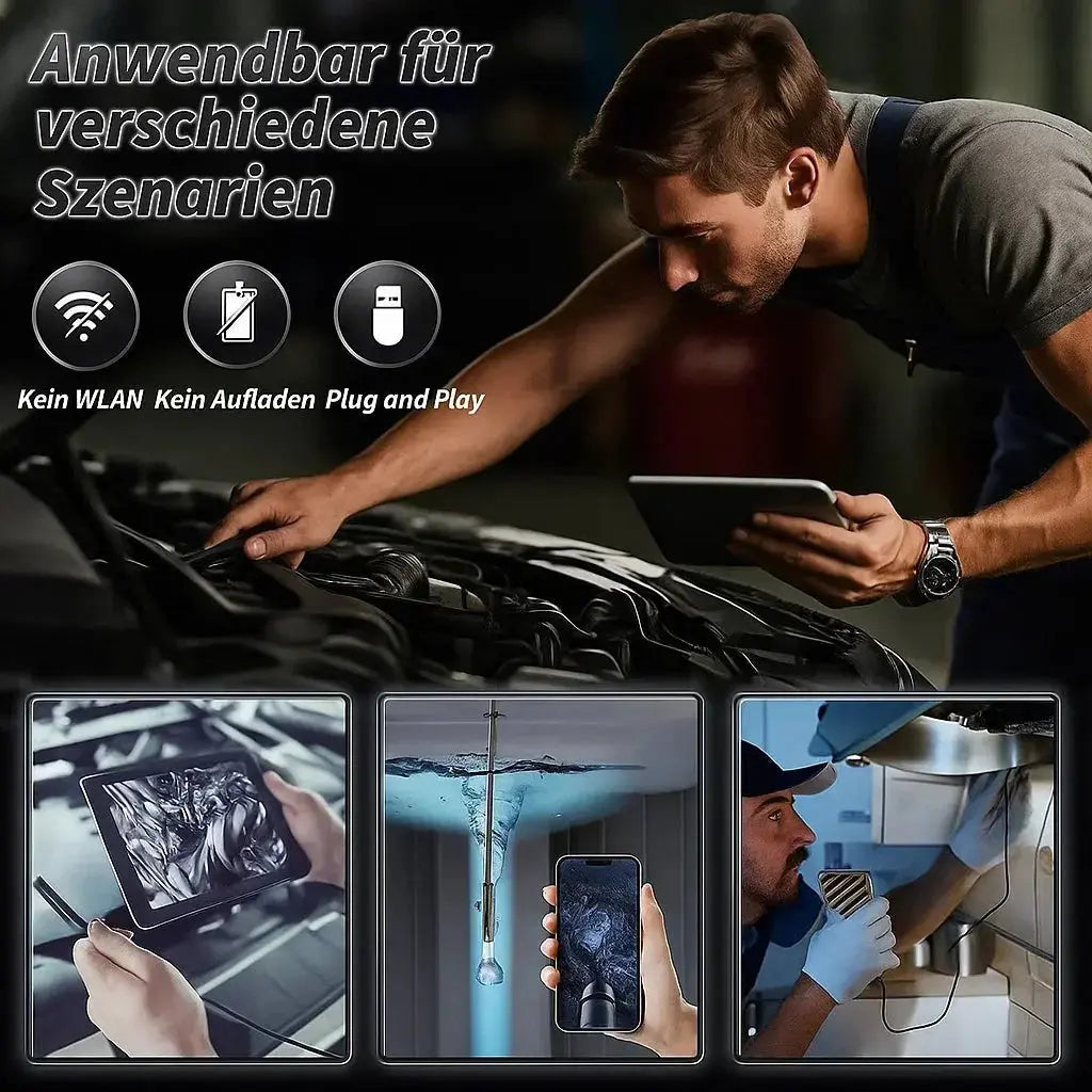 Mivoza HD inspection camera with 5m waterproof probe, endoscope view, suitable for electronics and plumbing inspections.