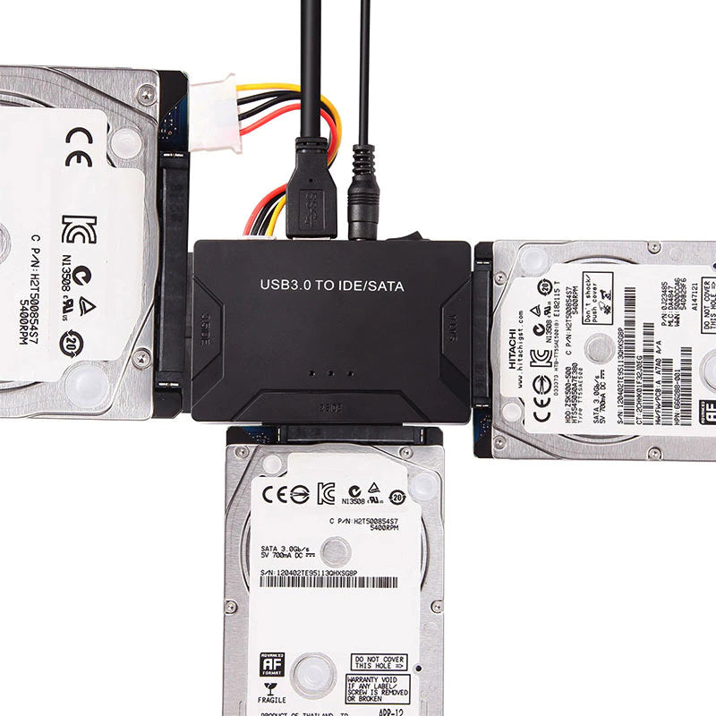 Belro USB 3.0 to IDE/SATA hard drive adapter connected to a computer, showcasing versatile storage device connectivity.