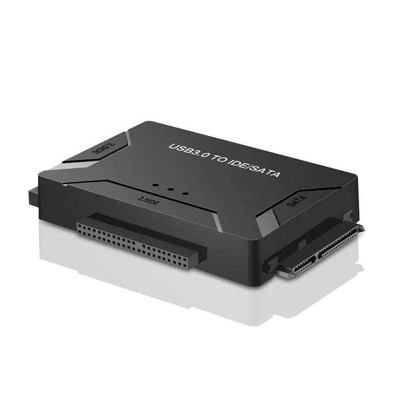 Belro USB 3.0 to IDE/SATA hard drive adapter connected to a computer, showing ports and cable for data transfer.