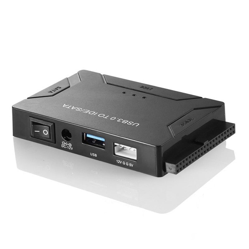 Belro USB 3.0 to IDE/SATA hard drive adapter connected to a computer, enabling data transfer between drives.