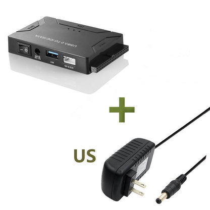 Belro USB 3.0 to IDE/SATA hard drive adapter connected to a hard drive, showing ports and cable for computer storage expansion.