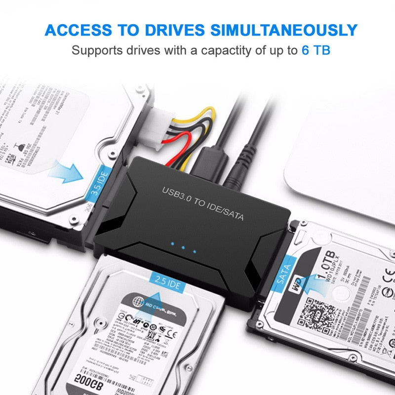 Belro USB 3.0 to IDE/SATA hard drive adapter connected to a computer, showing the cable and port for data transfer.